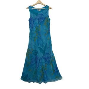 Vtg Dressbarn Dress Womens 10 Blue Chiffon Floral Print Fairy Tropical 90s Y2K
